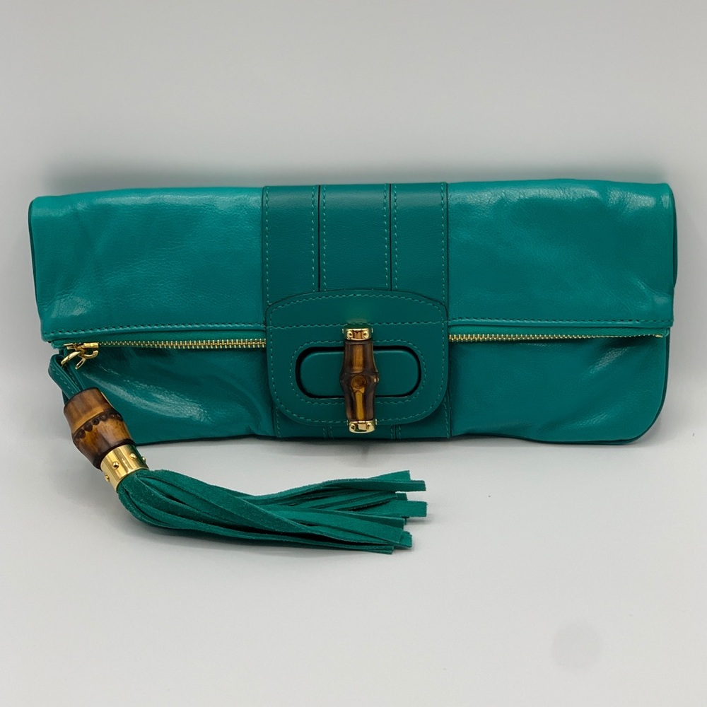 Gucci Turquoise Lucy Fold Over Clutch with Bamboo